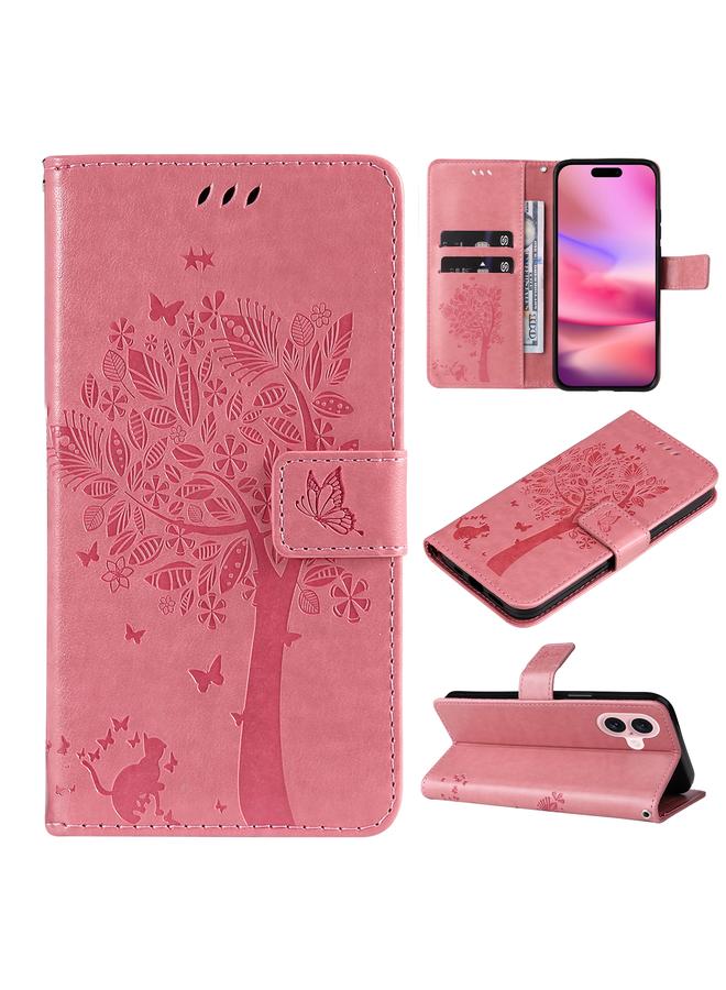 S-TOP Case For iPhone 16 Tree & Cat Embossed Pattern Flip Leather Phone Case - Image 1
