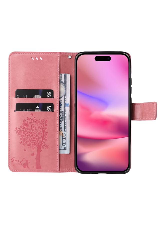 S-TOP Case For iPhone 16 Tree & Cat Embossed Pattern Flip Leather Phone Case - Image 4