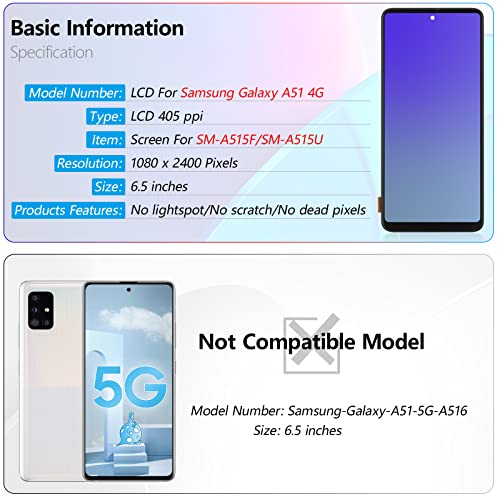 YWLRONG لاستبدال شاشة LCD لجهاز سامسونج جالاكسي A51 A515 شاشة تعمل باللمس لجهاز سامسونج A51 SM-A515U A515FN/DS A515F مجموعة أجزاء مع مجموعة (مع إطار) - Image 3