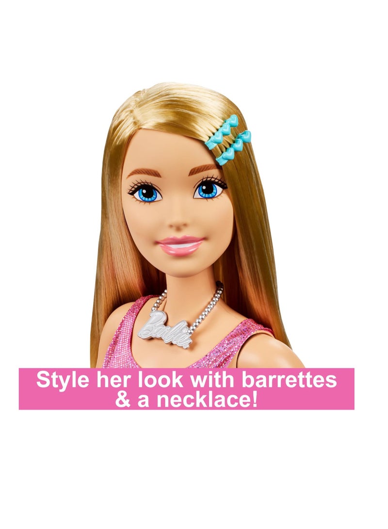 Barbie Large Barbie Doll with Blond Hair, 28 Inches Tall, Shimmery Pink Dress with Necklace and Hair Clip Accessories - Image 3