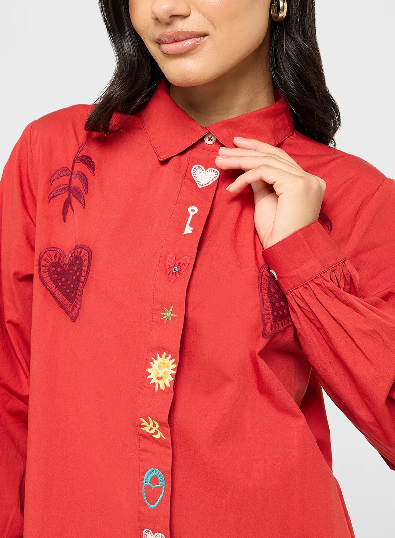 Never fully Dressed Embroidered Button Down Shirt