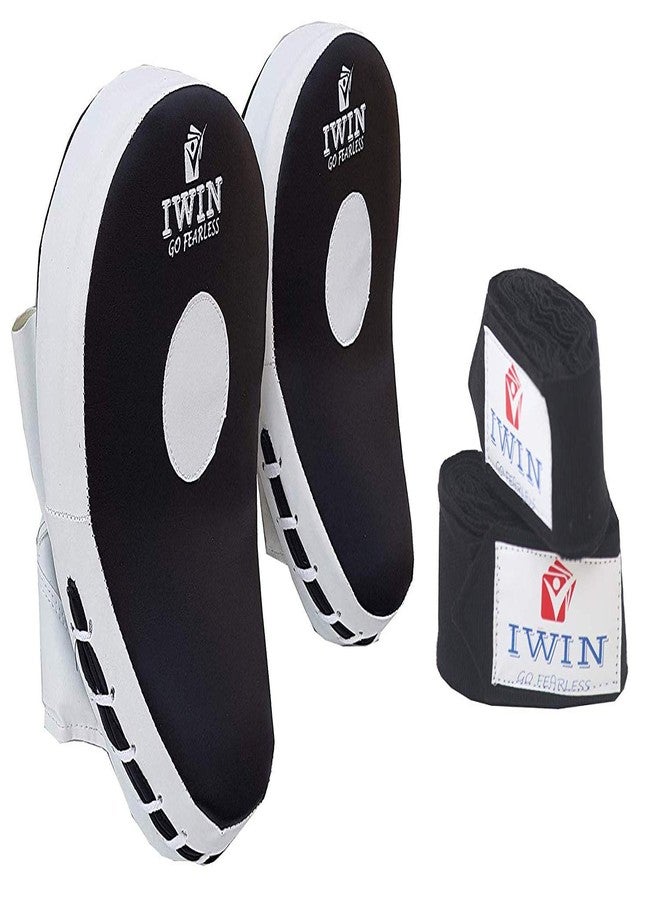 IWIN BLACKFOCUSPAD PU Boxing, Karate Curved Focus Pads with Hand Wraps Set (Black), Standard - Image 2