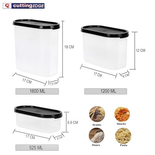 Cutting EDGE Modular Airtight Kitchen Storage Container Set With Anti-Microbial Lid, 1800Ml X 4, 1200Ml X 4, 525Ml X 4 (Set Of 12, Black) - Plastic - Image 5