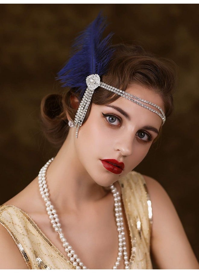 SWEETV Flapper Headbands Womens 1920S Headpiece Great Gatsby Inspired Feather Headband Cocktail Party Rhinestone Hair Accessories For Women, Blue  - Image 2
