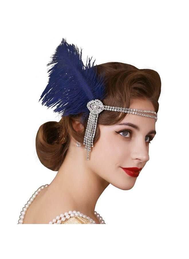 SWEETV Flapper Headbands Womens 1920S Headpiece Great Gatsby Inspired Feather Headband Cocktail Party Rhinestone Hair Accessories For Women, Blue  - Image 1