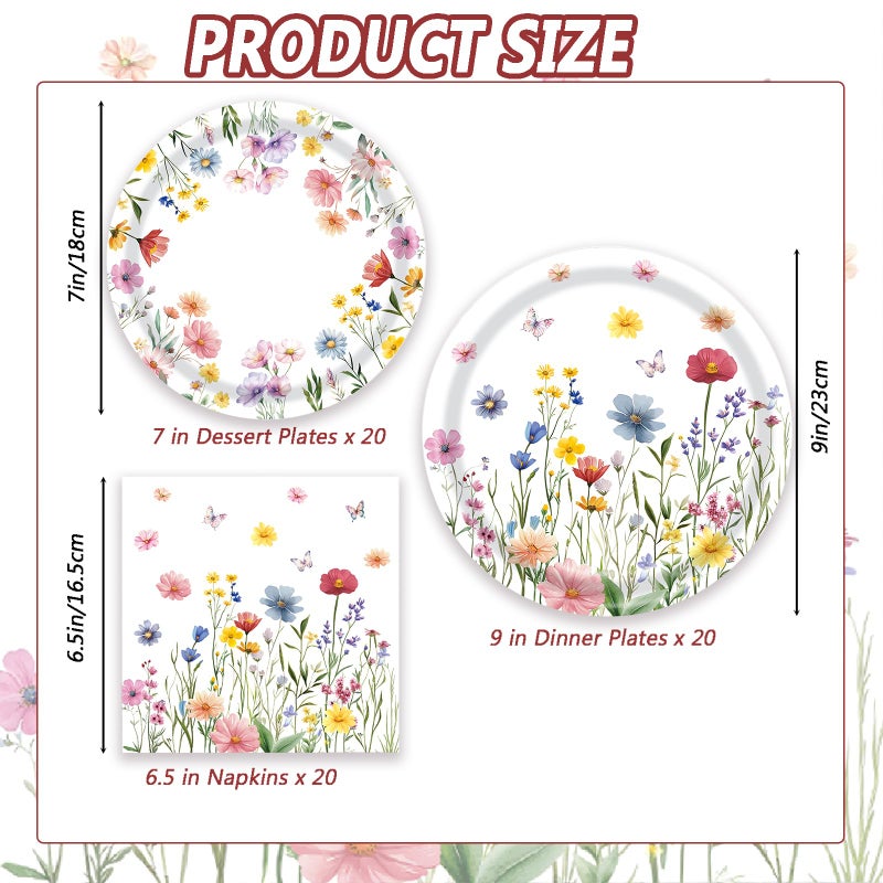 LYFREE 60 PCS Wildflower Party Supplies Flower Paper Plates and Napkins Spring Floral Theme Decoration Tableware for Birthday Baby Shower Wedding Picnic Afternoon Tea Garden Party Serve 20 Guests - Image 1