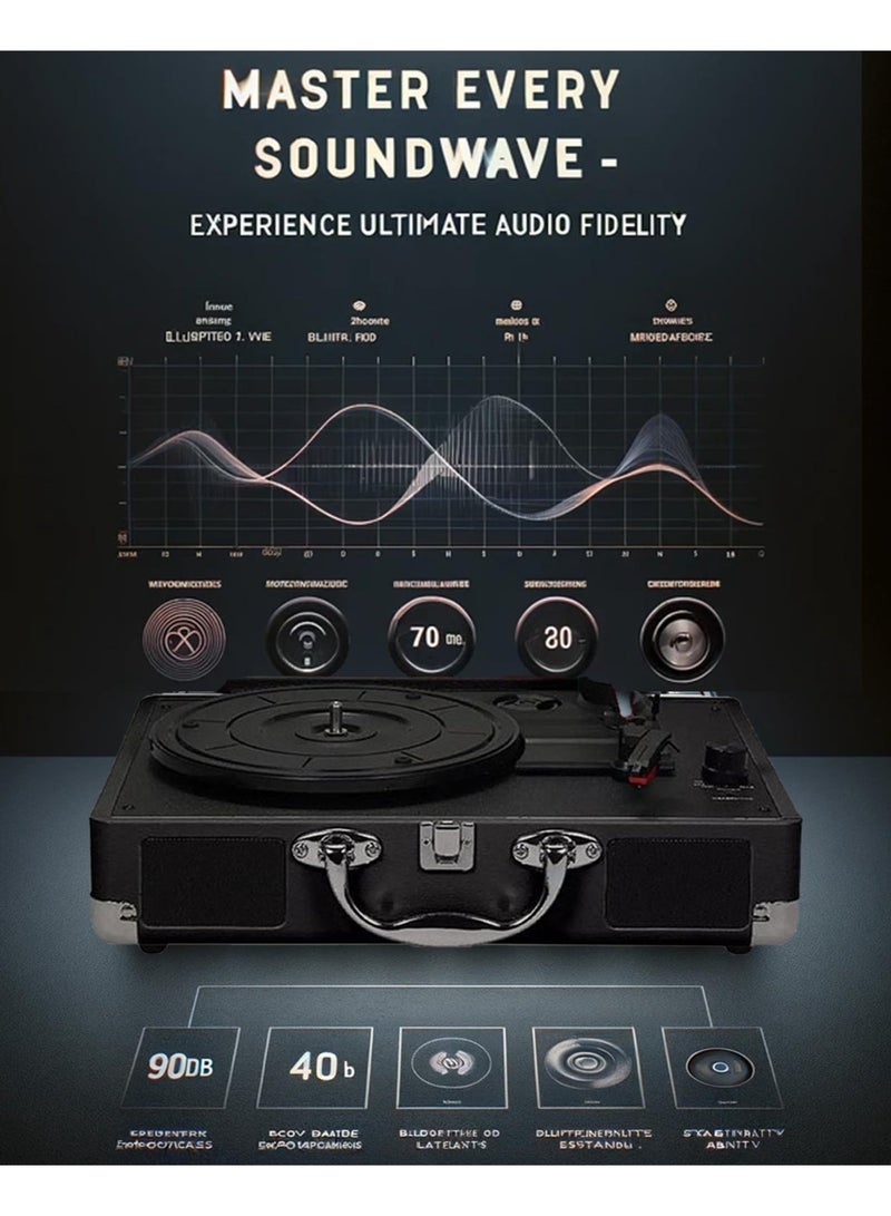 WALALLA High-Fidelity Vinyl Record Player Vinyl Record Player 3 Speed Bluetooth Portable Suitcase with Built-in Speakers, Bluetooth Wireless Playback, Headphone, Auto Off for Home Decoration - Image 3