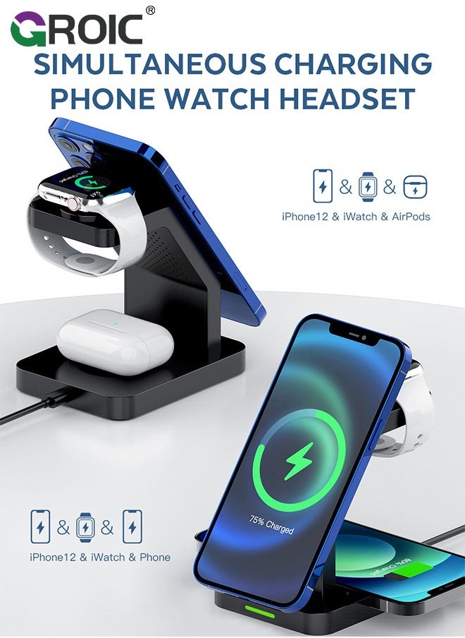 GROIC - 3 in 1 Wireless iPhone Charging Station,MagSafe Charger Stand,Travel Charger for Multiple Devices for iphone15/14/13/12/Pro/Pro Max/Mini,A pple Watch Ultra/SE/9/8/7/6/5/4/3/2,Air Pods - Image 1