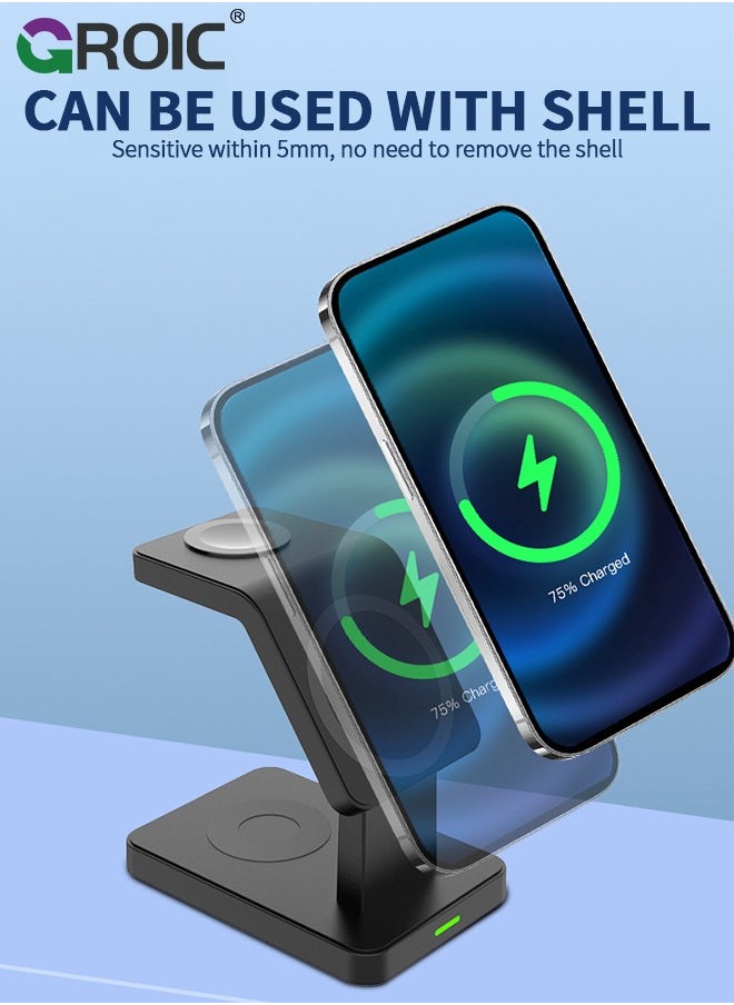 GROIC - 3 in 1 Wireless iPhone Charging Station,MagSafe Charger Stand,Travel Charger for Multiple Devices for iphone15/14/13/12/Pro/Pro Max/Mini,A pple Watch Ultra/SE/9/8/7/6/5/4/3/2,Air Pods - Image 1