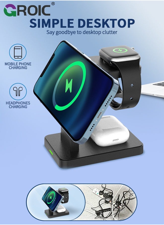 GROIC - 3 in 1 Wireless iPhone Charging Station,MagSafe Charger Stand,Travel Charger for Multiple Devices for iphone15/14/13/12/Pro/Pro Max/Mini,A pple Watch Ultra/SE/9/8/7/6/5/4/3/2,Air Pods - Image 1