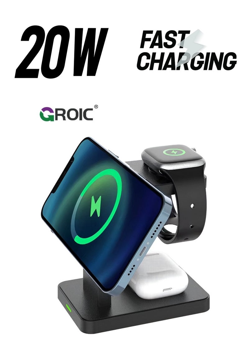 GROIC - 3 in 1 Wireless iPhone Charging Station,MagSafe Charger Stand,Travel Charger for Multiple Devices for iphone15/14/13/12/Pro/Pro Max/Mini,A pple Watch Ultra/SE/9/8/7/6/5/4/3/2,Air Pods - Image 1