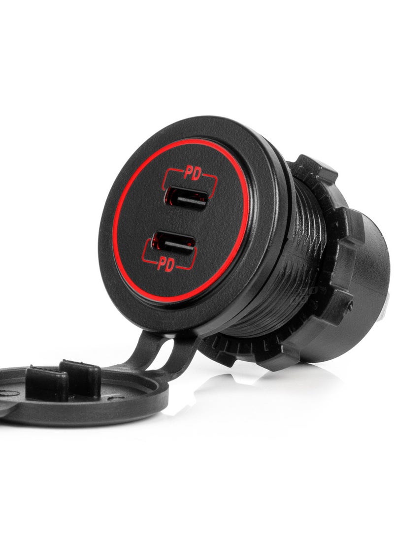 AMIO Waterproof Phone Charger with RED LED Backlight 2xUSB C 12/24V - Image 1