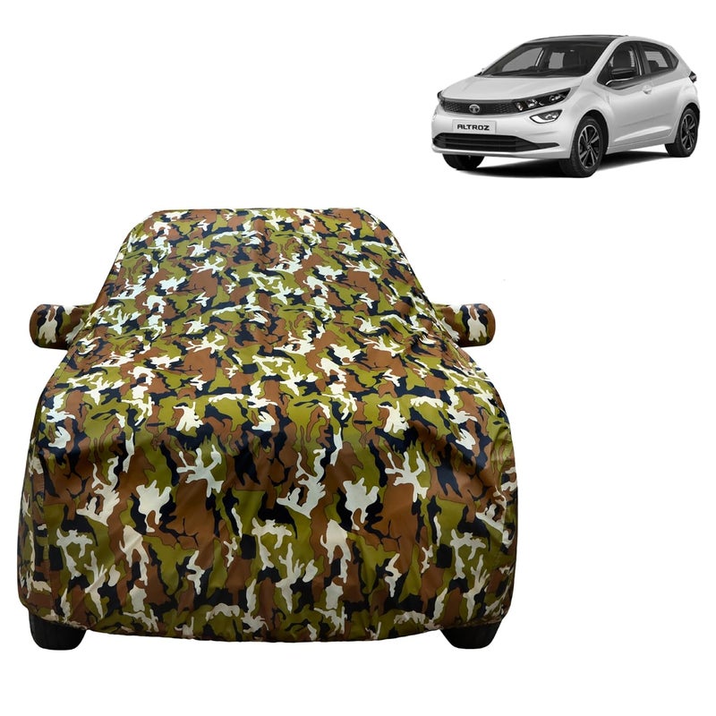 VYAS 100% Waterproof Car Body Cover for Tata Altroz (2020-2025) with Mirror Pocket Triple Stitched Belt & Buckle Fitting Dual Elastic, Durable Material Jungle Print Camouflage Design - Image 1