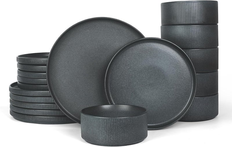 Famiware Star Plates and Bowls Sets Modern Stoneware Dinnerware Sets for 6 18Piece Kitchen Dish Sets  Chip and Scratch Resistant Microwave and Dishwasher Safe Tableware Set Matte Dark Charcoal - Image 1