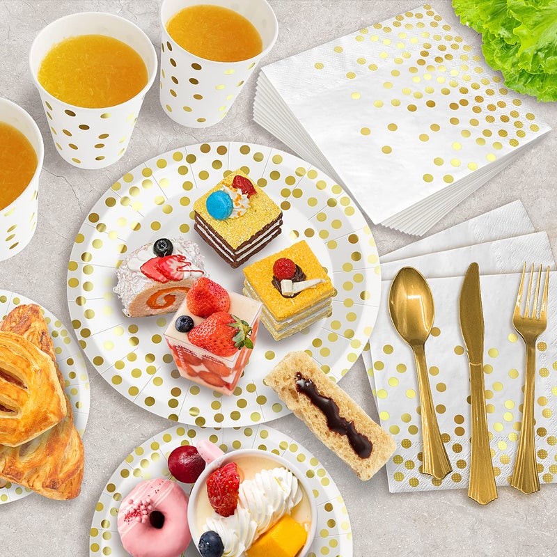 AIRE 175PCS White & Gold Party Supplies - 25 Gold Plates  Forks  Knives  Spoons  White Napkins & Cups - Disposable Dinnerware for Engagement  Graduation  Birthday  Wedding - Image 5