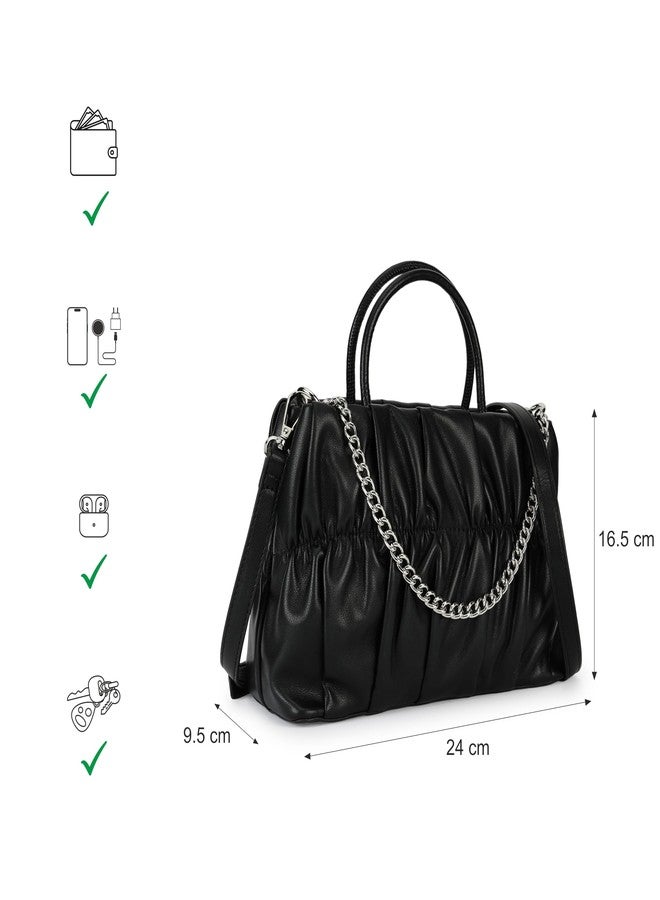 Fastrack Ruched Faux Leather Satchel Bag for Women | Structured Handbag with Detachable Chain Strap, Zippered Compartment and Inner Pockets | Elegant Convertible Bag for Casual Wear - Image 4