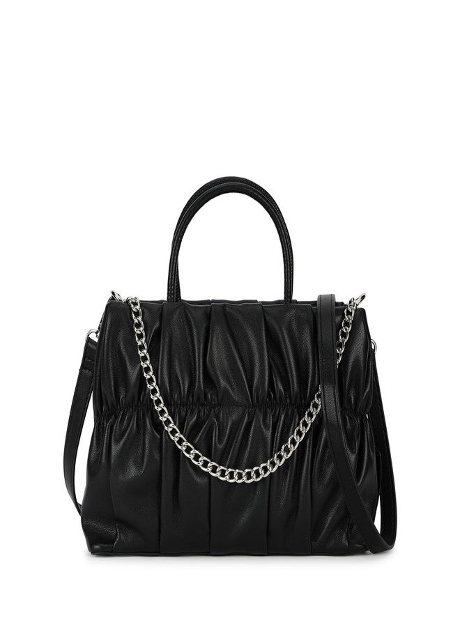 Fastrack Ruched Faux Leather Satchel Bag for Women | Structured Handbag with Detachable Chain Strap, Zippered Compartment and Inner Pockets | Elegant Convertible Bag for Casual Wear - Image 1