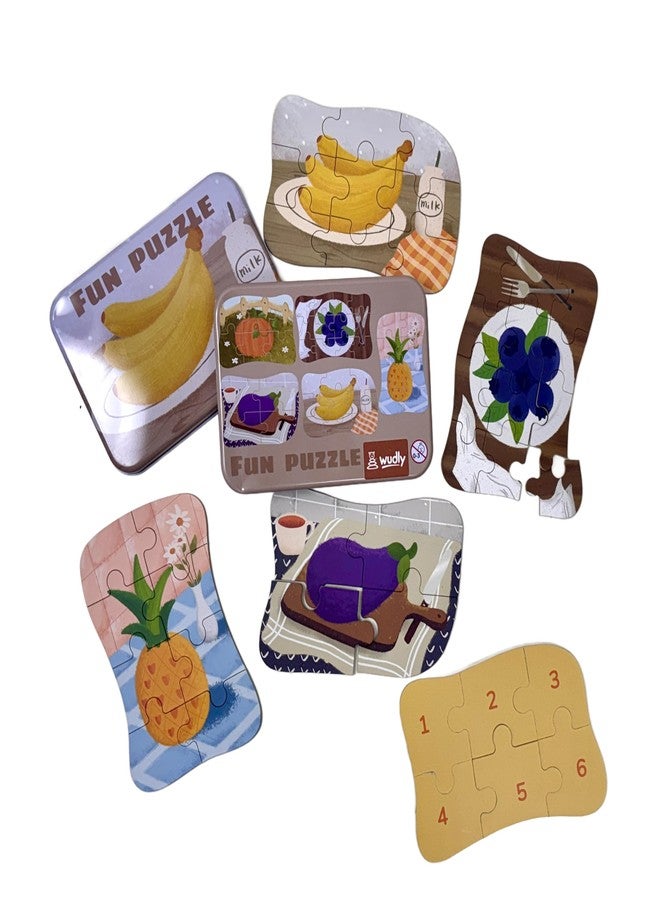 Wudly Jigsaw Puzzle Set in Metal Box, 5 Puzzles with 4-12 Pieces Each, Educational Wooden Toy for Kids 3+ Years - Pig (Banana)