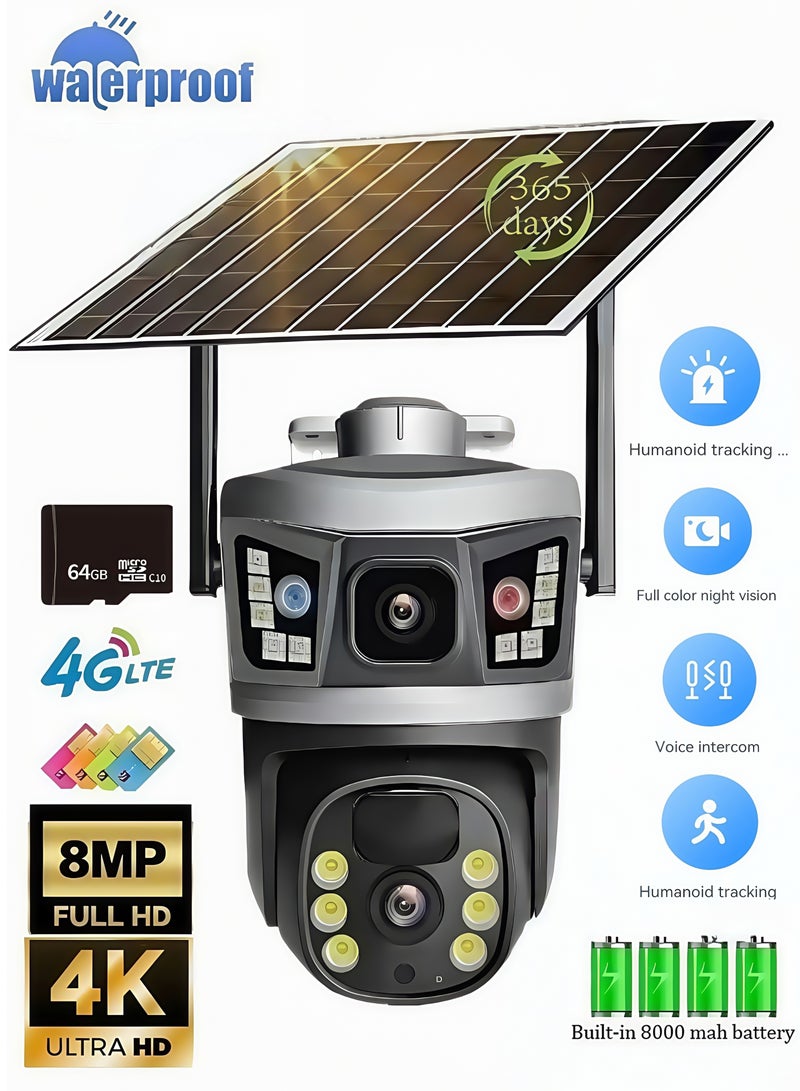 Generic 4K 8MP Solar Camera 4G Sim PTZ Cameras Outdoor Dual Lens IP Camara Solar Panel CCTV Security Built in Battery PIR Cam (With 64GB SD Card)  - Image 1