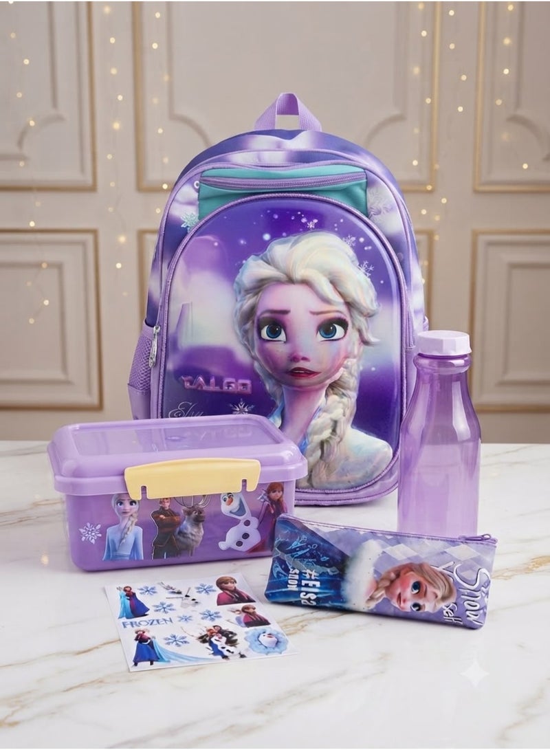 School supplies set featuring cartoon characters: includes a school bag, pencil case, Elsa-themed water bottle, and ID name card holder. - Image 1