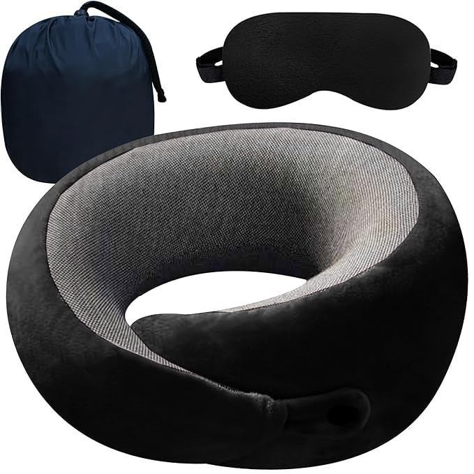 RAISED MEMORY FOAM NECK PILLOW FOR TRAVEL NECK SUPPORT REST PILLOW CAR PILLOW FLIGHT AND TRAIN ACCESSORY PILLOW FOR NECK PAIN RELIEF NECK PILLOW AND EYE MASK AND BAG