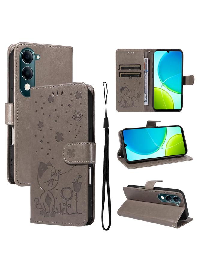 إيروريكس جراب لهاتف vivo Y29S 5G / Y04 جراب هاتف جلدي قابل للطي منقوش عليه صورة قطة ونحلة - Image 1