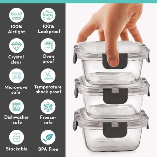 Magnus Glock Solid Glass Lunch Box with Vertical Pouch and Detachable Clip,1 S S Bottle and 3 Square Airtight,Leakproof,Microwave Safe Borosilicate Glass Containers,320 ML Each-Premium Lunch Boxes - Image 5