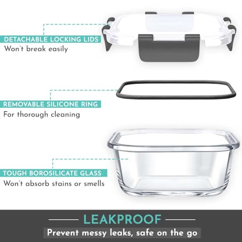 Magnus Glock Solid Glass Lunch Box with Vertical Pouch and Detachable Clip,1 S S Bottle and 3 Square Airtight,Leakproof,Microwave Safe Borosilicate Glass Containers,320 ML Each-Premium Lunch Boxes - Image 4