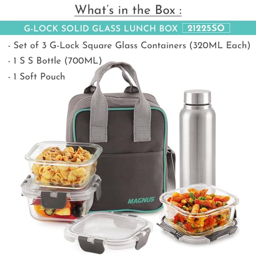 Magnus Glock Solid Glass Lunch Box with Vertical Pouch and Detachable Clip,1 S S Bottle and 3 Square Airtight,Leakproof,Microwave Safe Borosilicate Glass Containers,320 ML Each-Premium Lunch Boxes - Image 2