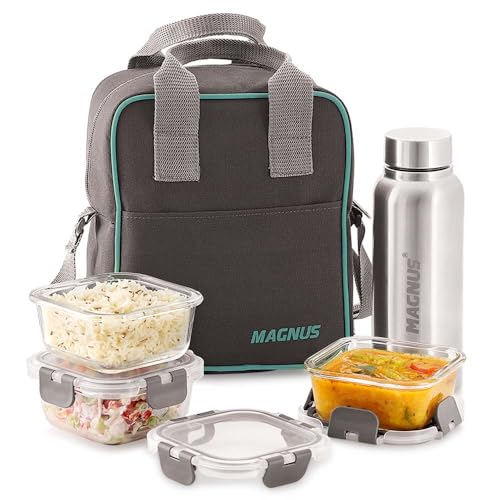 Magnus Glock Solid Glass Lunch Box with Vertical Pouch and Detachable Clip,1 S S Bottle and 3 Square Airtight,Leakproof,Microwave Safe Borosilicate Glass Containers,320 ML Each-Premium Lunch Boxes - Image 1