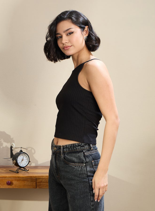 SASSAFRAS Black Ribbed Strappy Crop Top - Image 3