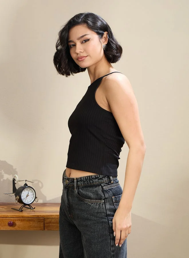 SASSAFRAS SASSAFRAS Black Ribbed Strappy Crop Top