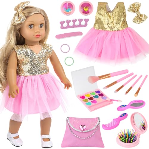 Ecore Fun 19Piece 18 Inch Doll Clothes Makeup Set with Dress Cosmetic Bag Brushes Eye Shadow Blushers Hairclip HairTies Combs Mirror Nail File Accessories Gift for Ages 3 - Image 1
