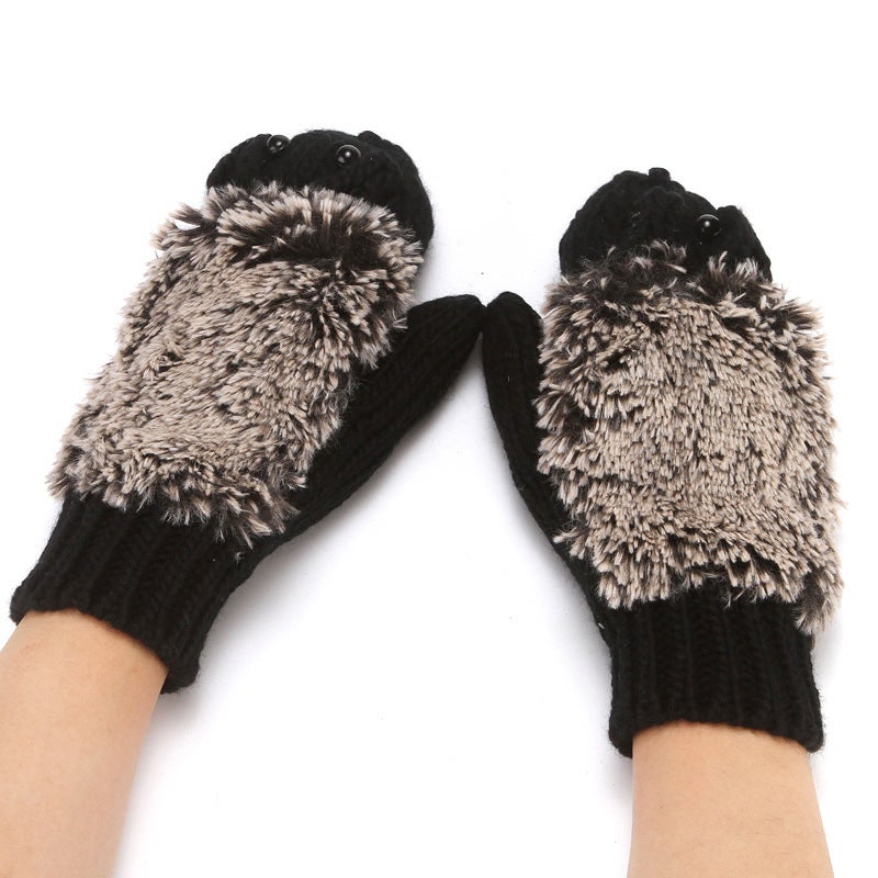Knitted gloves womens autumn and winter fleece-lined warm bag finger gloves hot selling hedgehog finger cartoon finger glovesHedgehog Black Hedgehog Black 