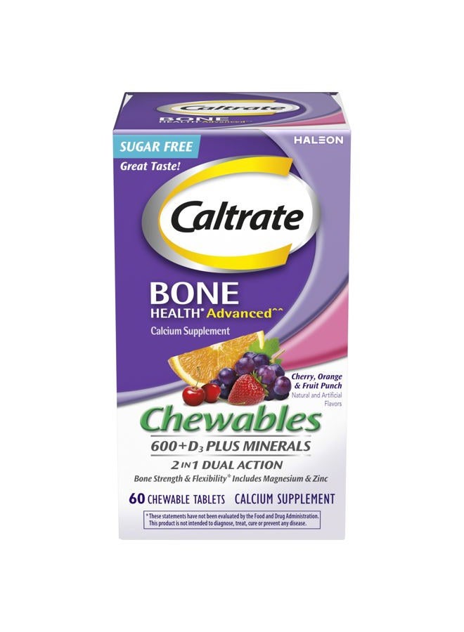 Caltrate Chewables 600 +D3 Plus Minerals Calcium and Vitamin D, Sugar Free, Cherry, Orange and Fruit Punch, 60 Count - Image 1