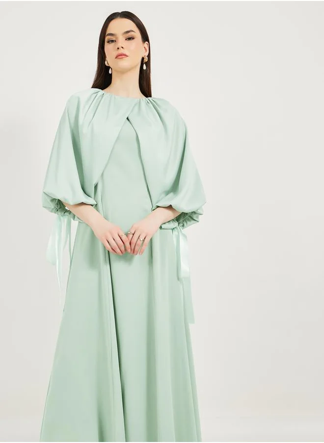 Styli Bow Tie Detail Cape Sleeve A-Line Maxi Dress