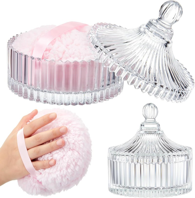 Tioncy 2 Pcs Extra Large Dusting Powder Puff and Container for Women-5.43'' Glass Crystal Dusting Powder Container with 5.91'' Body Soft Washable Reusable Velour Face(Clear) - Image 1