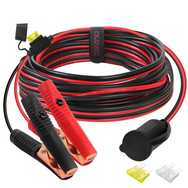 CUZEC 12V 24V Extension Cord Plug Socket with Battery Clamp 14FT 427m 14 AWG Battery ClipOn and Cigarette Lighter Adapter