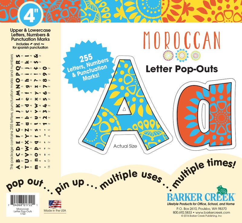 Barker Creek 255Piece Moroccan Letter PopOuts Multicolor 4 Letters Numbers Punctuation Marks for Classrooms Offices Presentations Home and More 1722