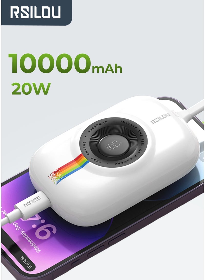 RSILOU R1016 - Mini Power Bank 10000mAh | 20W PD Fast Charging Portable Charger with Built-in Multi-Function Cable | Compact External Battery Pack for iPhone, Samsung & Type-C Devices – White - Image 1