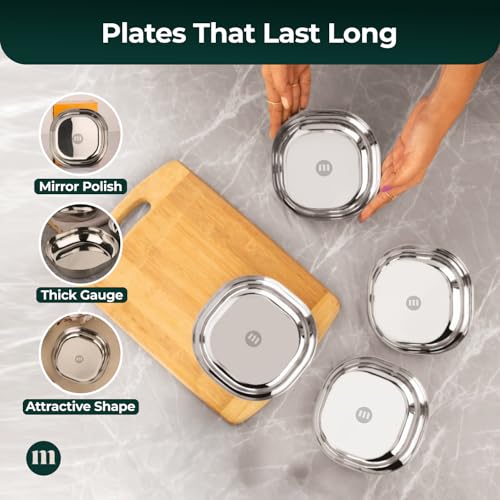 MARU Steel Small Square Snacks/Serving Plates Set of 4 (14 cm Each), Multi-Utility Quarter/Diet Plates for Small Meals with Mirror Finish Design, Perfect for Breakfast, Nashta, Dessert & Daily Use - Image 4