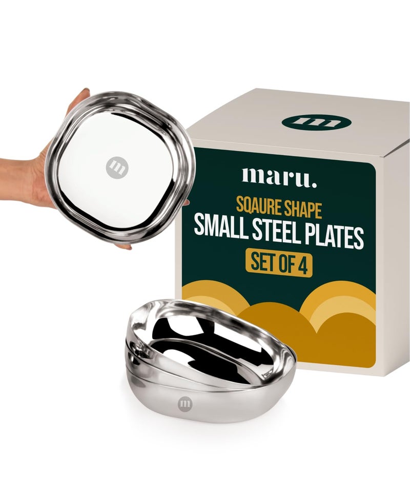 MARU Steel Small Square Snacks/Serving Plates Set of 4 (14 cm Each), Multi-Utility Quarter/Diet Plates for Small Meals with Mirror Finish Design, Perfect for Breakfast, Nashta, Dessert & Daily Use - Image 1