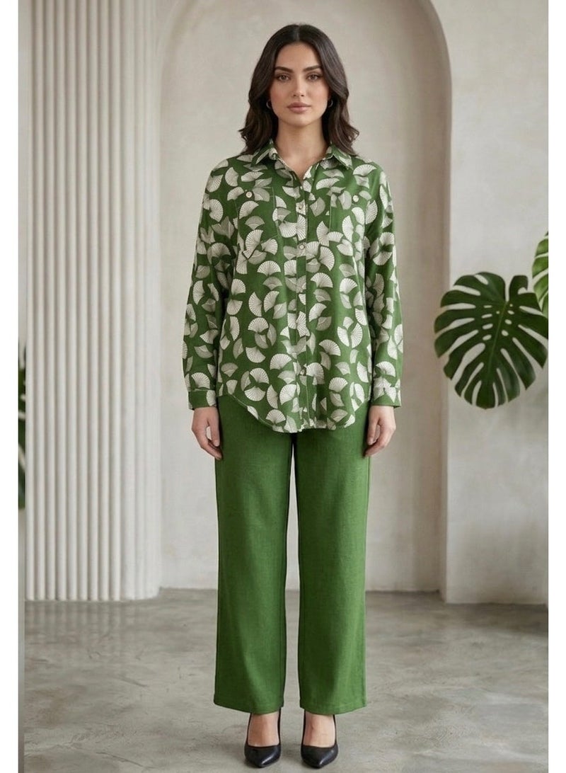 Green Two-Piece Set: Long-Sleeved Button-Down Shirt with Fan Pattern & Straight-Cut Trousers - Image 1
