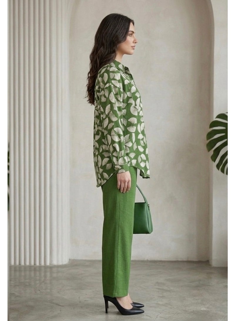 Green Two-Piece Set: Long-Sleeved Button-Down Shirt with Fan Pattern & Straight-Cut Trousers - Image 3