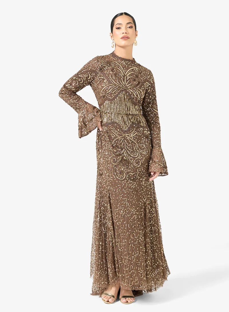 Embellished Sequin Modest Flared Sleeve Maxi Dress