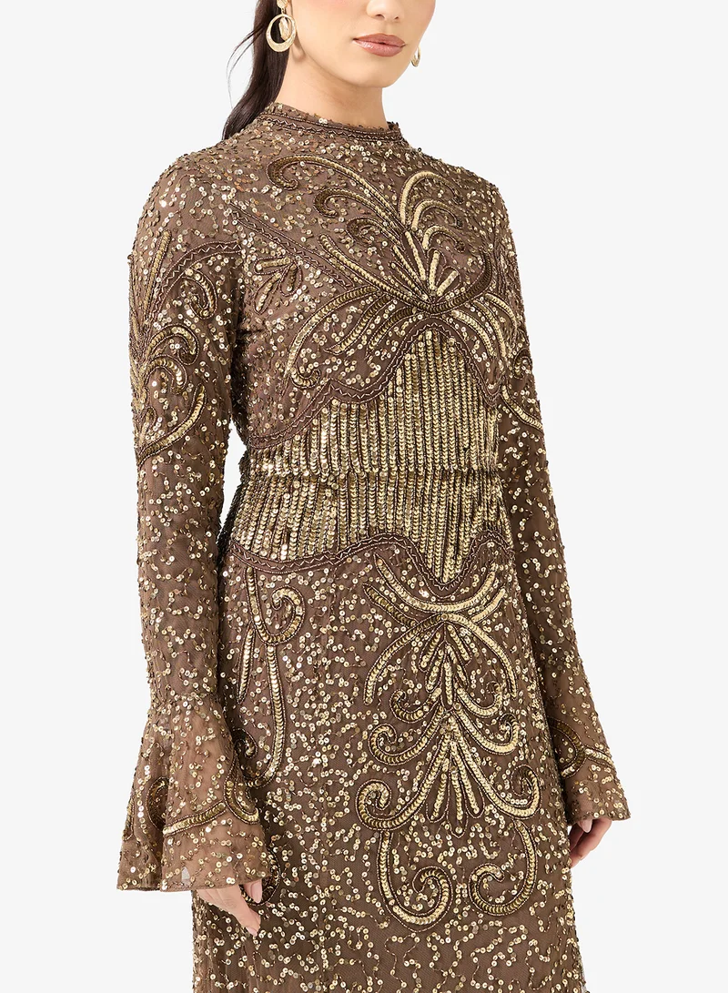 MARYISA  Embellished Sequin Modest Flared Sleeve Maxi Dress for Women | Best Price UAE