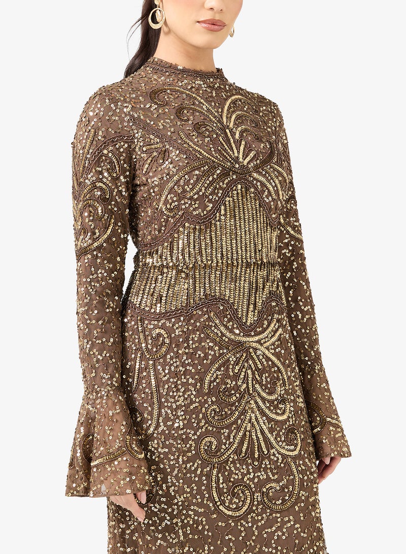 MARYISA Embellished Sequin Modest Flared Sleeve Maxi Dress - Image 3