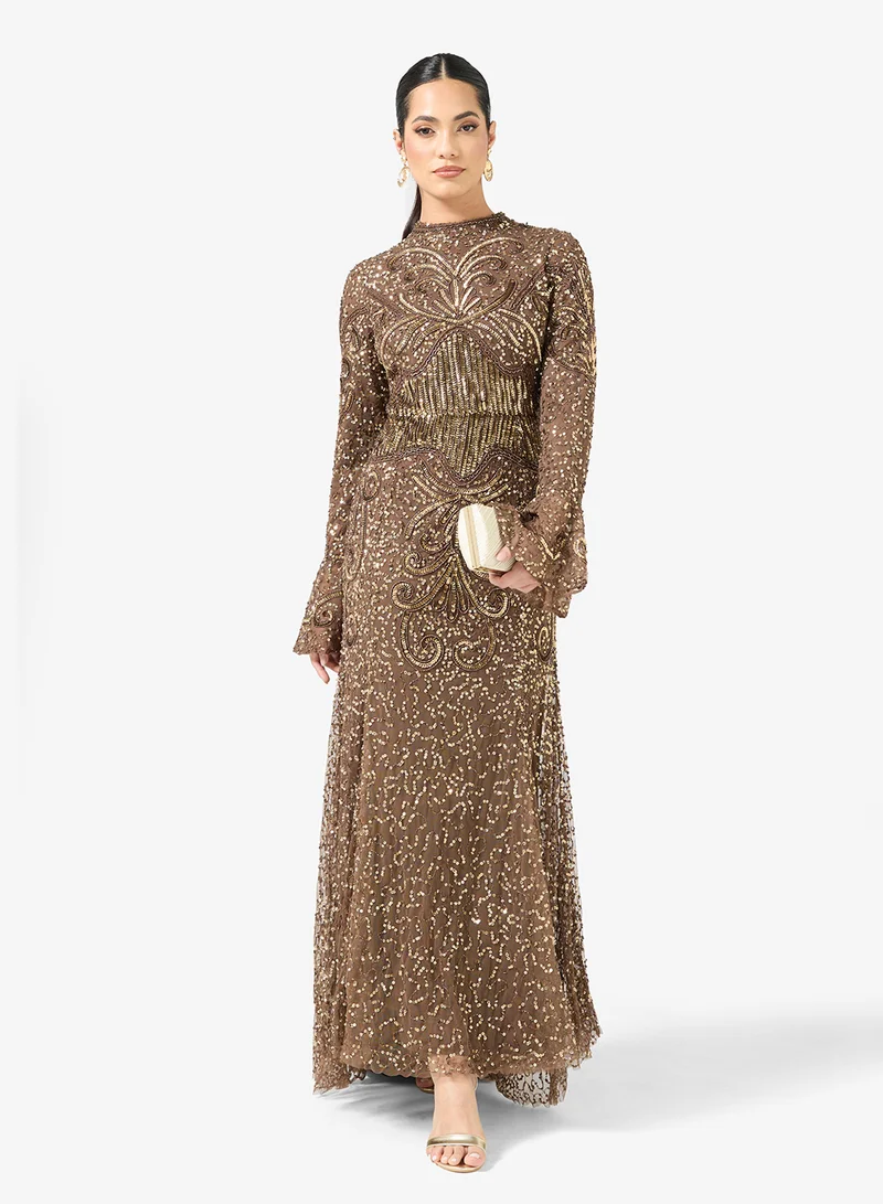 MARYISA  Embellished Sequin Modest Flared Sleeve Maxi Dress for Women | Best Price UAE