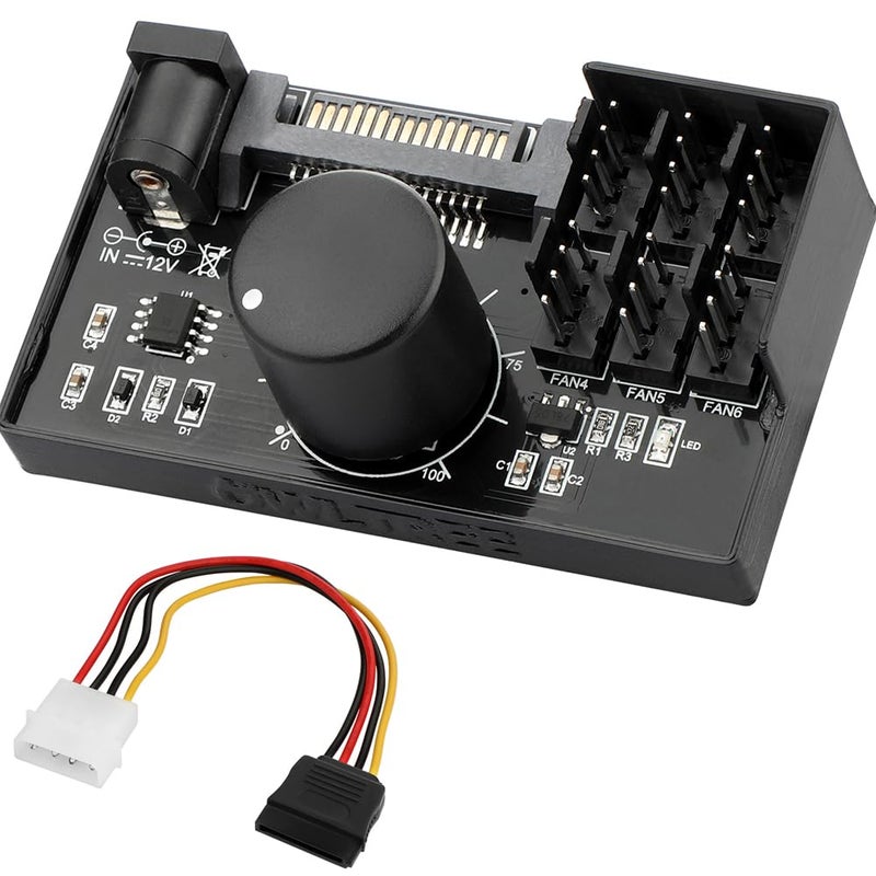 OwlTree 4 Pin 12V PWM Fan Controller 6 Fans Supported , PC Fan Adapter Hub Powered by SATA and DC 5525, Cooling Fan Speed Knob with Max Total 60W 5A Output - Image 1