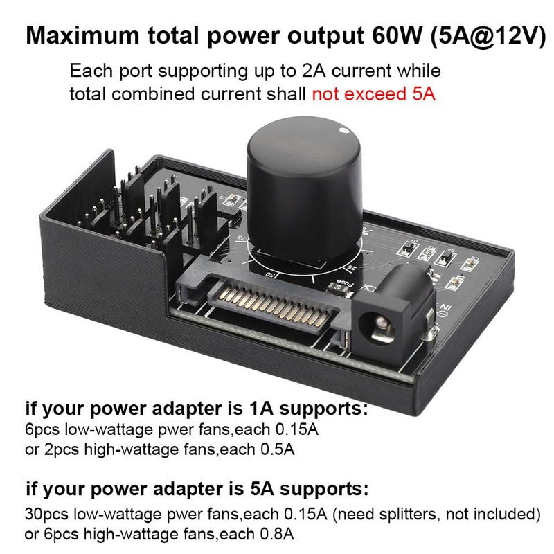 OwlTree 4 Pin 12V PWM Fan Controller 6 Fans Supported , PC Fan Adapter Hub Powered by SATA and DC 5525, Cooling Fan Speed Knob with Max Total 60W 5A Output - Image 4